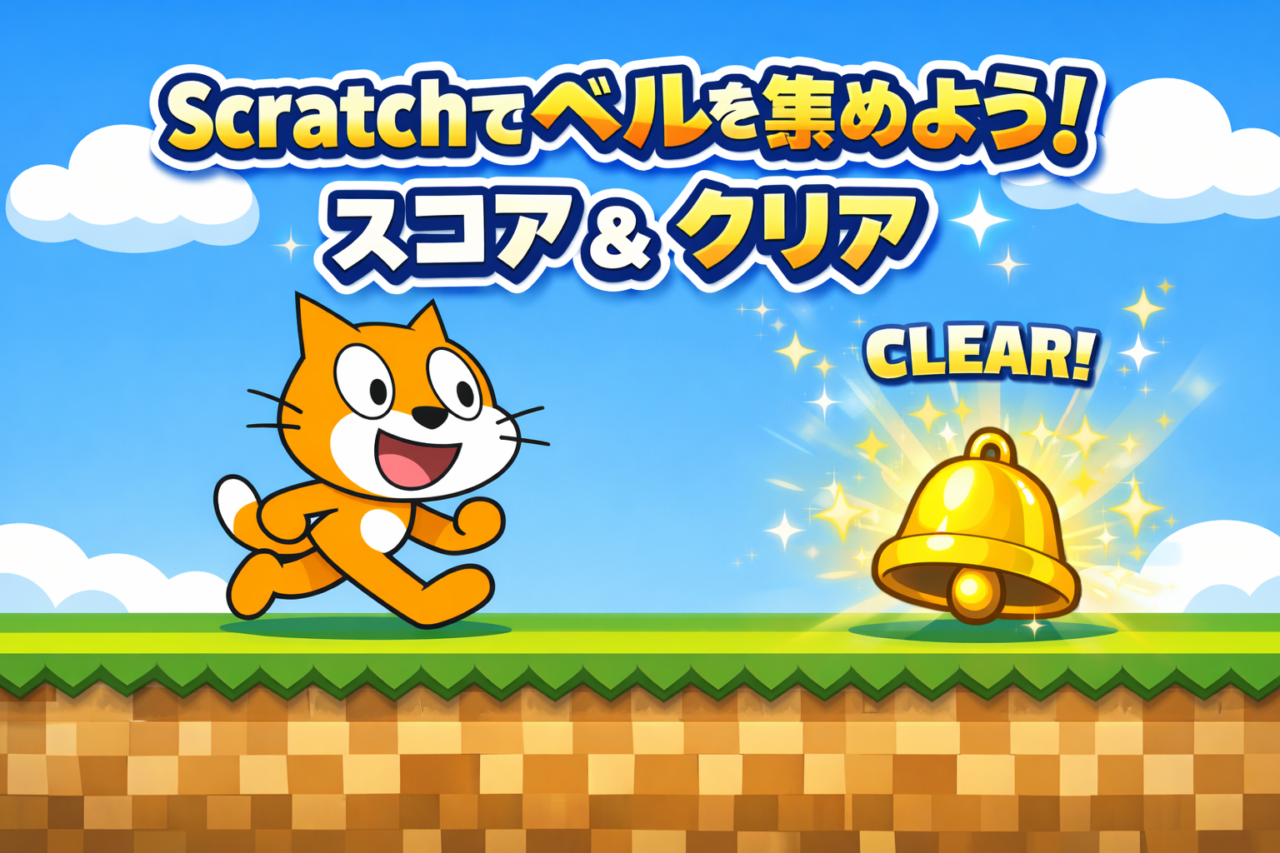 Scratchでベルを集めるゲームを作ろう!スコアが増えて、目標でクリアまで(横移動だけ)