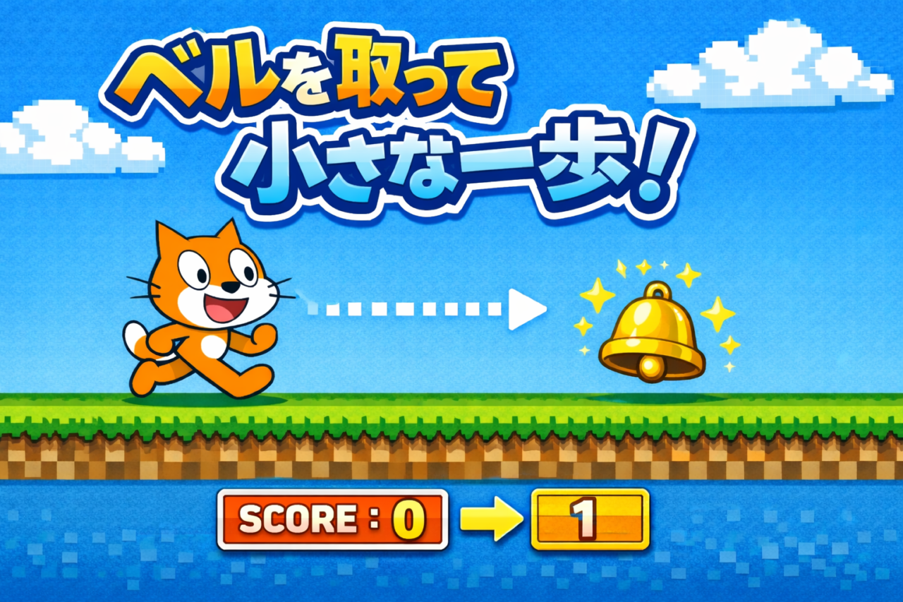 Scratchで「ベルを取ったらスコアが増える」を作る（横移動のみで）
